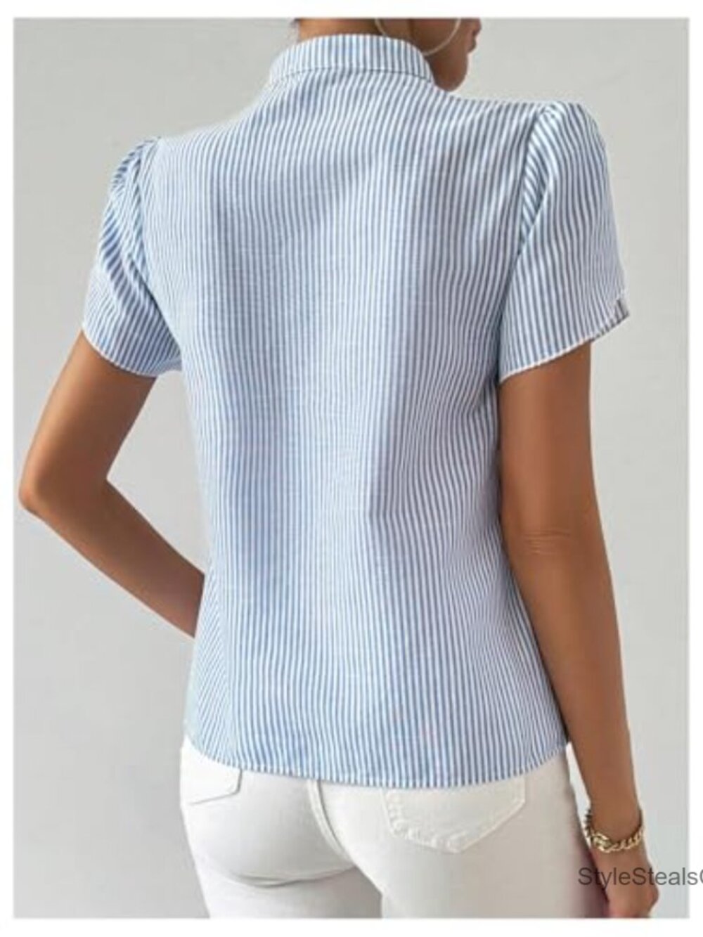 Striped V-Neck Blouse Short Sleeve Office Work Shirt Regular Fit - Picture 2 of 5